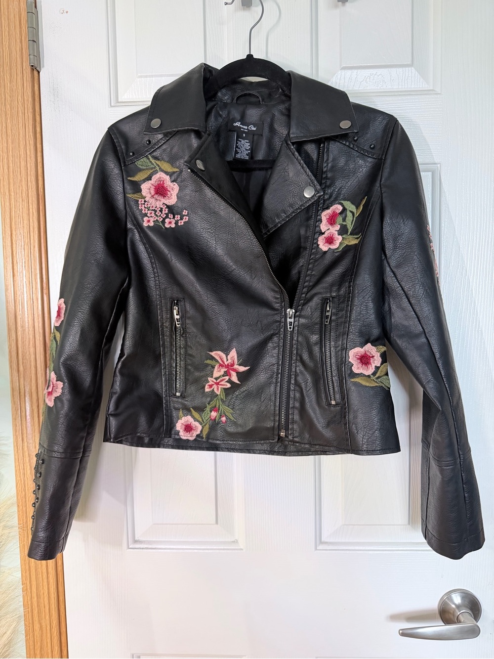 Angie Black Faux Leather Moto Jacket with Pink Floral Embroidery